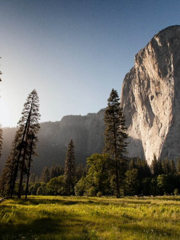 Tall mountain peak rising above open grassland